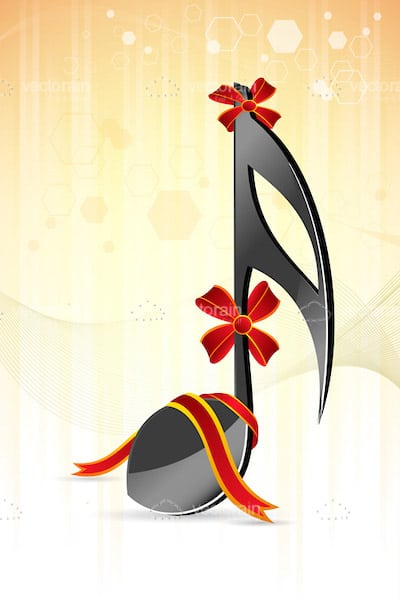 Black Musical Note with Gold and Red Ribbons on White to Peach Hued Background